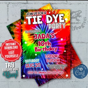 Tie Dye birthday invitation editable digital invite - EASY EDIT!