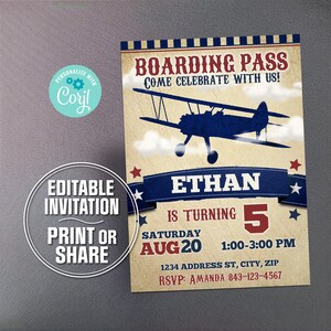 Biplane Airplane Birthday Invite  Vintage Plane Flying Theme