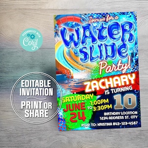 May include: Editable invitation for a water slide party for Zachary's 10th birthday. The invitation features a colorful design with a water slide, a pool, and the text "Join us for a Water Slide Party!" The invitation also includes the date, time, and location of the party.