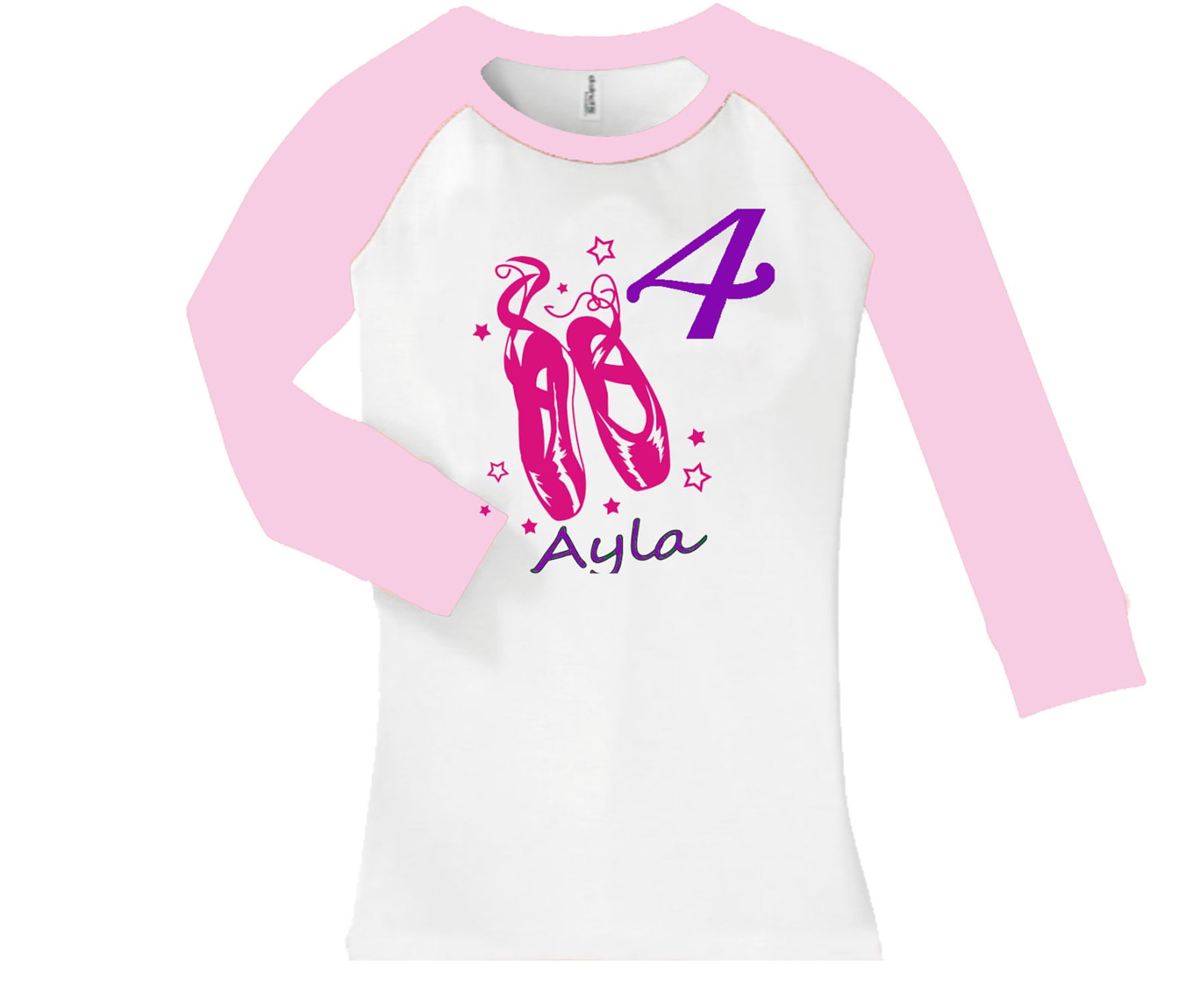 birthday ballet dance shoes shirt - cropped/long sleeve fitted raglan baseball shirt - any age and name - pick your colors!