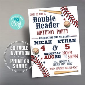 Dubbele koptekst honkbal verjaardagsuitnodiging | Honkbalfeest voor jongens | Bewerkbare digitale download | Afdrukbare sportverjaardagsuitnodiging