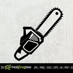 May include: Black and white silhouette of a chainsaw with a serrated blade. The chainsaw is a common tool used for cutting wood.