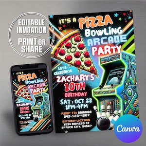 Zaproszenie urodzinowe Pizza Bowling | Neon Arcade Party (pobranie cyfrowe)
