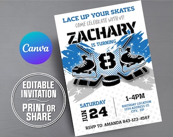 Puede incluir: Una tarjeta de invitación de cumpleaños rectangular con temática de hockey y gráficos en azul y negro. El texto dice LACE UP YOUR SKATES, COME CELEBRATE WITH US, ZACHARY IS TURNING 8, SATURDAY JUN 24, 1-4PM, BIRTHDAY LOCATION 1234 ADDRESS ST. CITY, ZIP, RSVP TO: AMANDA 843-123-4567.