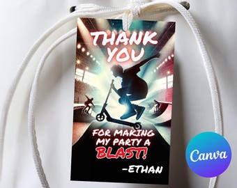 May include: A gift tag with a colorful graphic of a person on a scooter in a skate park. The tag reads "THANK YOU" and "FOR MAKING MY PARTY A BLAST!" with the name "-ETHAN" below. The tag is attached to a white gift bag.