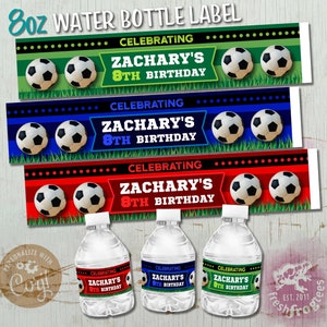 Soccer Water Bottle Label 8oz, mini water bottle sticker, Personalized Red Blue Green - Easy Edit!