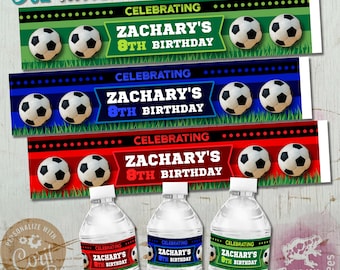 Soccer Water Bottle Label 8oz, mini water bottle sticker, Personalized Red Blue Green - Easy Edit!