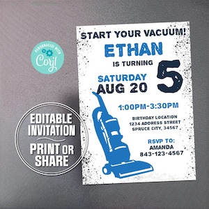 Faire-part d&#39;anniversaire pour enfants avec aspirateur, rsvp, invitation numérique modifiable BLEU | MODIFICATION FACILE !