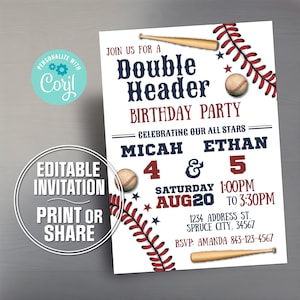Double Header Baseball Birthday Invitation | Boys Baseball Party | Editable Digital Download | Printable Sports Birthday Invite
