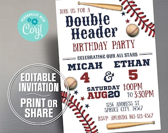 Invitación de cumpleaños de béisbol con doble partido/Invitación editable para fiesta (Descarga digital)