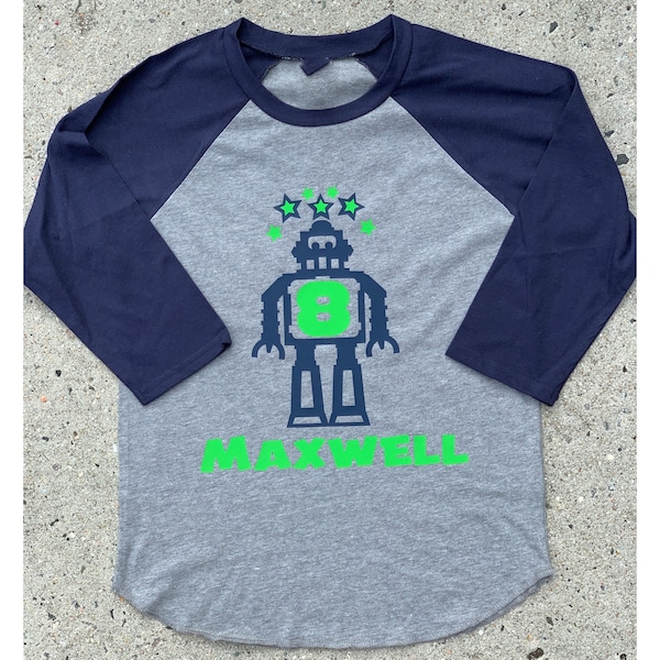 Personalized Birthday Robot Shirt - 3/4 or long sleeve relaxed fit raglan baseball shirt - Any age and name - pick your colors!