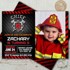 Fireman Birthday Photo Invitation, Firefighter birthday party invite