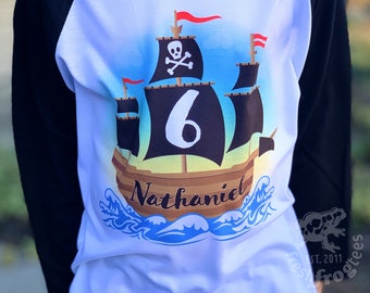 Pirate ship birthday shirt for boys raglan