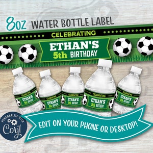 Soccer Water Bottle Label, Soccer Water Bottle Sticker Personalized Birthday Party- Easy Edit!