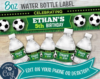 Soccer Water Bottle Label, Soccer Water Bottle Sticker Personalized Birthday Party- Easy Edit!