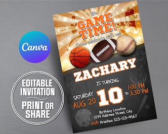 Sports birthday invitation Basketball Football Baseball digital download