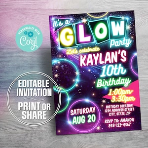 Glow Party Birthday Invitation | Neon Kids Party Invite | Personalized Glow Party Invite | Digital Instant Download