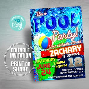 Invitación a fiesta en la piscina / Invitación de cumpleaños de verano editable para niños / Tarjeta con temática acuática divertida / Descarga instantánea