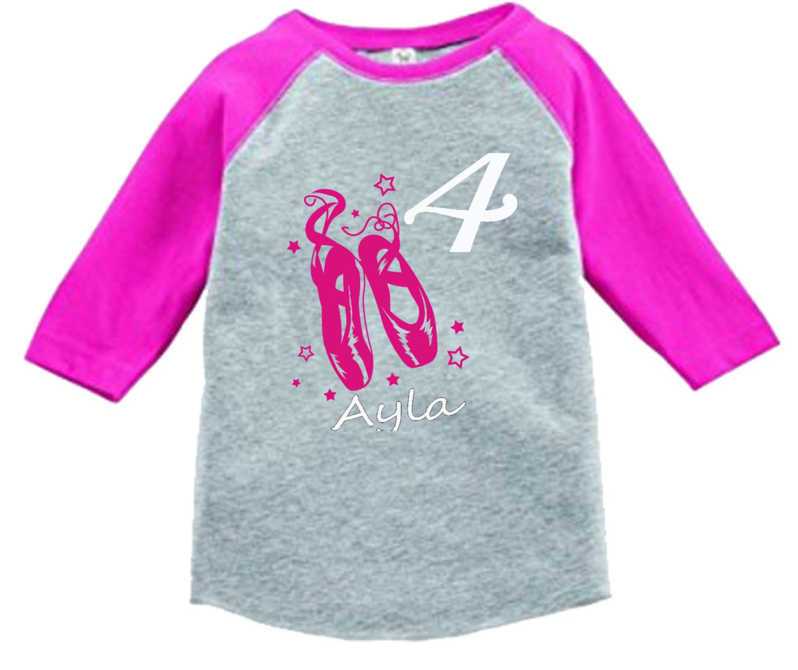 ballet dance shoes birthday shirt - 3/4 or long sleeve relaxed fit raglan baseball shirt - any age and name - pick your colors!