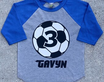 Soccer birthday Shirt for boys or girls - 3/4 or long sleeve relaxed fit raglan baseball shirt