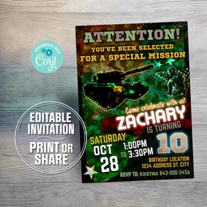 Army birthday invitation printable army party digital invite - EASY EDIT!