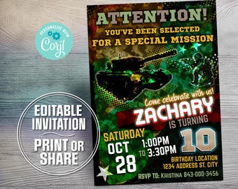 Army birthday invitation printable army party digital invite - EASY EDIT!