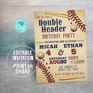 Baseball birthday invitation Double Header editable digital invite | EASY EDIT!