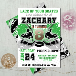 Invito di compleanno di pattinaggio, Invito di compleanno di hockey VERDE - Modifica facile!