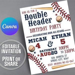 Double Header Baseball Birthday Invitation | Editable Party Invite (Digital Download)