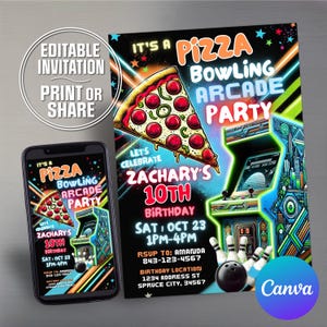 Invitation à une soirée pizza bowling pour enfants | Faire-part d'anniversaire de salle de bowling pour garçon | Téléchargement numérique modifiable | Carte d'anniversaire néon phosphorescent