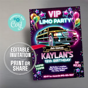 Limo Birthday Party Invite for girls | Neon Glow Digital Download | Limo Party Pass Printable | Editable Template