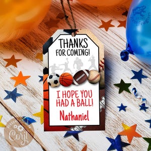 Sports Thank You tag birthday party favor digital download- Easy Edit!