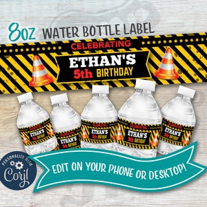 Construction Water Bottle Label, Construction Water Bottle Sticker Traffic cones, Personalized Birthday Party- Easy Edit!