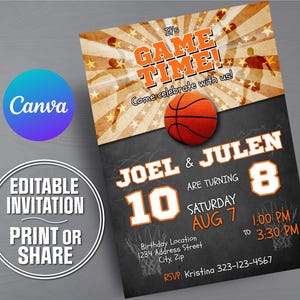 May include: A basketball-themed birthday invitation featuring the text It's GAME TIME! Come celebrate with us! Joel & Julen are turning 10 and 8 on Saturday Aug 7 from 1:00 PM to 3:30 PM. The design includes a basketball, silhouettes, and chalkboard details.