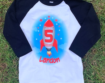 Rocket Birthday Shirt for boys raglan - Outer Space birthday shirt Personalized any age and name