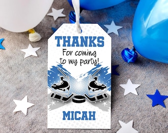 Hockey Birthday Thank You Tag, Blue Party Favor (Easy Edit)