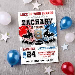 Hockey birthday invitation RED and BLUE theme | Easy Edit!