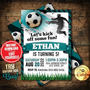 Soccer Birthday Invitation, Soccer birthday party invitation digital card- Easy Edit!