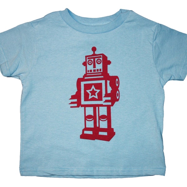 Red Robot Graphic Art Print on Light Blue Short Sleeve Toddler T-shirt  2T, 3T, 4T, 5/6, 7T NEW