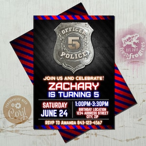 Police Birthday Invitation, Boys police badge invite RSVP Corjl editable file - Easy Edit!