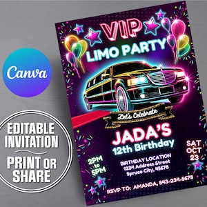 Neon Limo Birthday Party Invite | Editable VIP Pass (Digital Download)