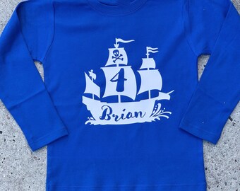 Pirate Ship - Personalized Birthday Long Sleeve Shirt - any age and name - pick your colors!