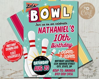 Bowling birthday invitation party boys or girls