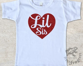 Glitter Little Sister Sibling heart shirt Birth announcement graphic sibling tshirt