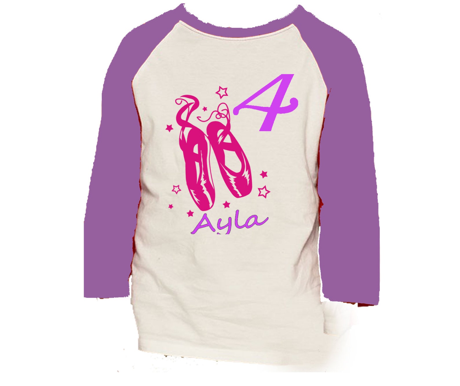 ballet dance shoes birthday shirt - 3/4 or long sleeve relaxed fit raglan baseball shirt - any age and name - pick your colors!