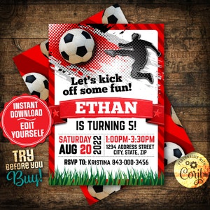 Puede incluir: Invitaci&oacute;n a una fiesta de cumplea&ntilde;os de f&uacute;tbol rojo y blanco con la silueta de un jugador de f&uacute;tbol pateando un bal&oacute;n. La invitaci&oacute;n dice "Let's kick off some fun! Ethan is turning 5!" con la fecha y la hora de la fiesta.