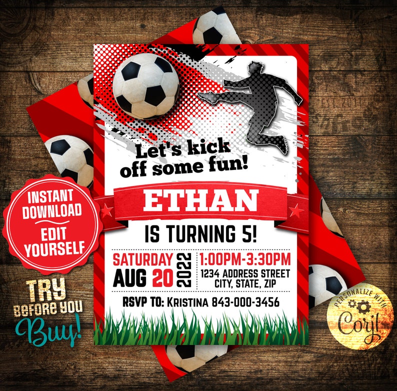 Puede incluir: Invitaci&oacute;n a una fiesta de cumplea&ntilde;os de f&uacute;tbol rojo y blanco con la silueta de un jugador de f&uacute;tbol pateando un bal&oacute;n. La invitaci&oacute;n dice "Let's kick off some fun! Ethan is turning 5!" con la fecha y la hora de la fiesta.