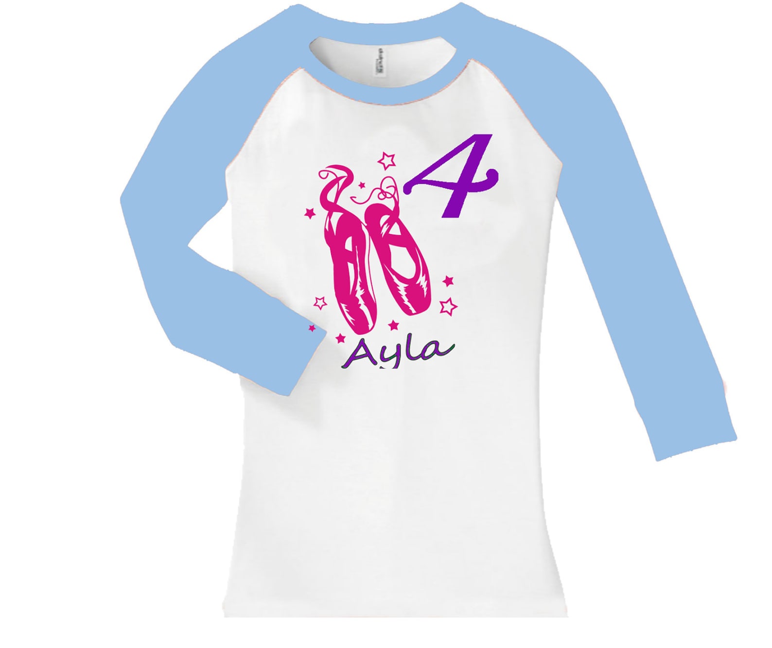 birthday ballet dance shoes shirt - cropped/long sleeve fitted raglan baseball shirt - any age and name - pick your colors!