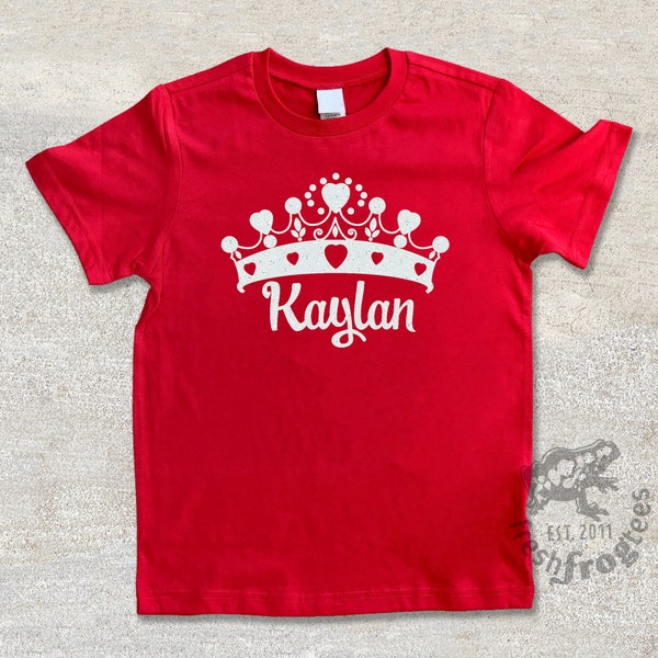 Glitter Valentine Personalized Tiara Princess Crown Heart Shirt for girls kids - Valentine Gift Idea - Any Name - Choose your colors!