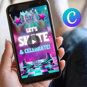 May include: A smartphone displaying a colourful invitation to a roller skating party. The invitation features a disco ball, stars, and the text "Let's Skate & Celebrate!" with a play button icon.